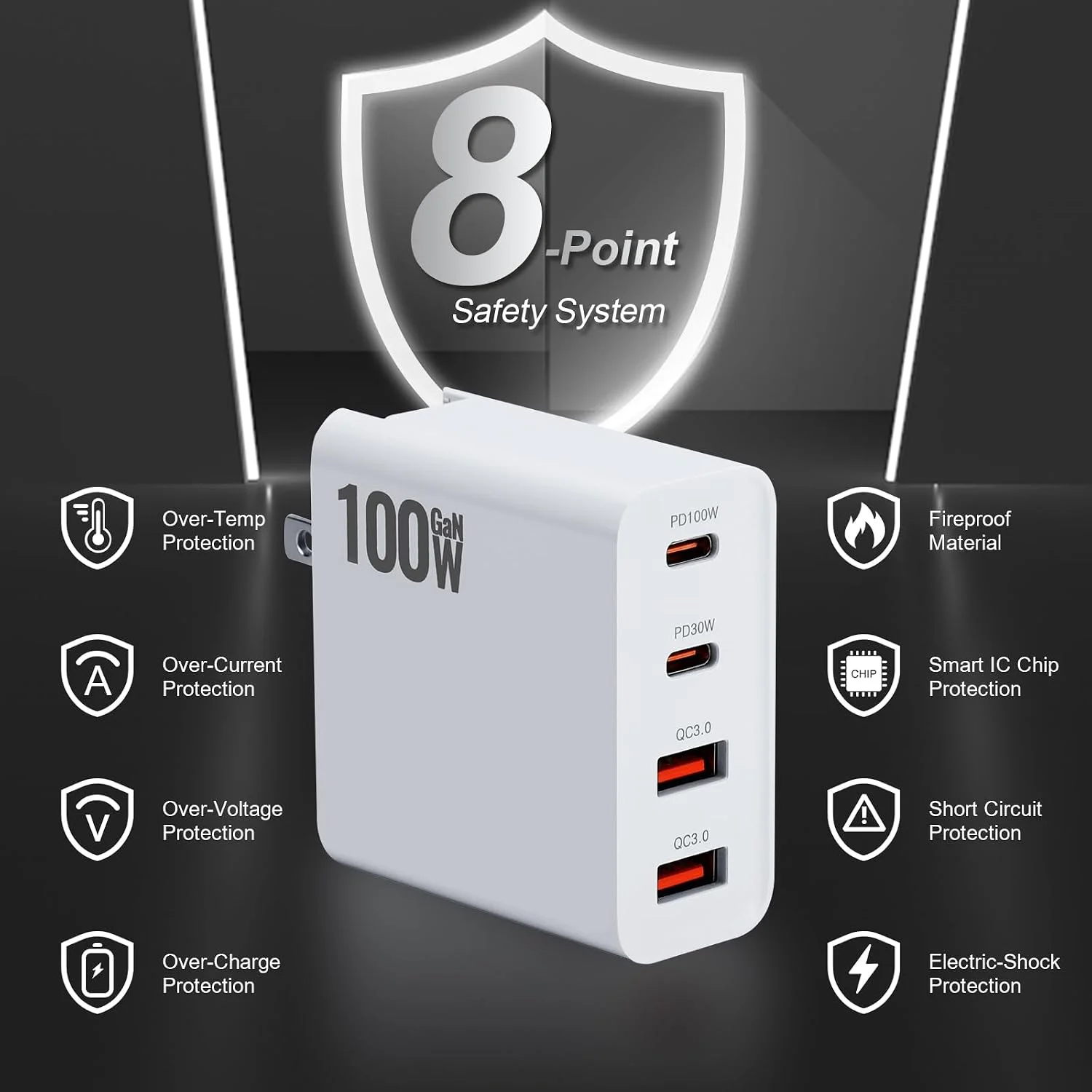 An infographic highlighting the charger's "8-Point Safety System," with icons indicating protection against over-temperature, over-current, over-voltage, over-charge, short circuits, and electric shock, alongside fireproof material and smart IC chip protection