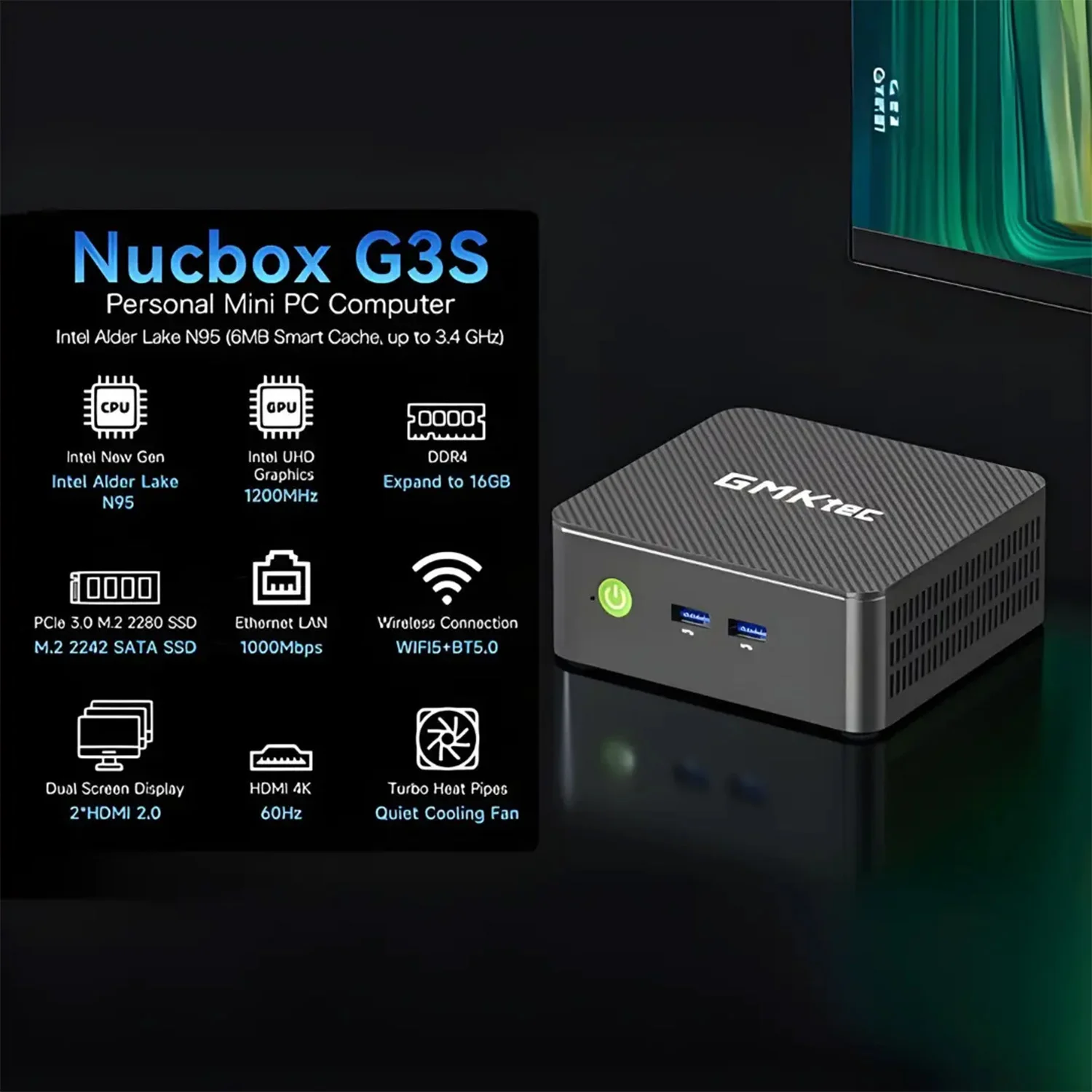GMKtec NucBox G3S Mini PC – Intel N95, Windows 11 Pro, 8GB DDR4, 256GB NVMe PCI-E Gen 3.0, Dual HDMI 2.0 1 An infographic for the Nucbox G3S Personal Mini PC Computer alongside a 3D render of the device. Specifications listed in a g