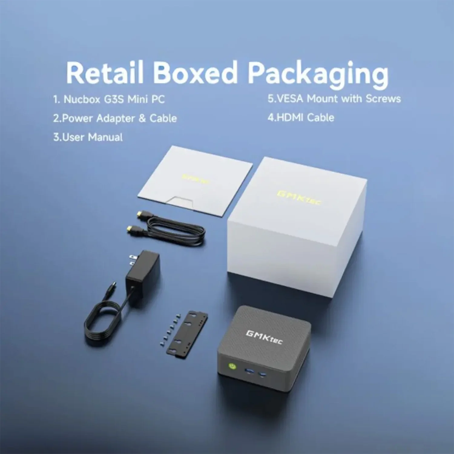 A layout of the Nucbox G3S "Retail Boxed Packaging" on a blue surface. The displayed and numbered items include the mini PC, 