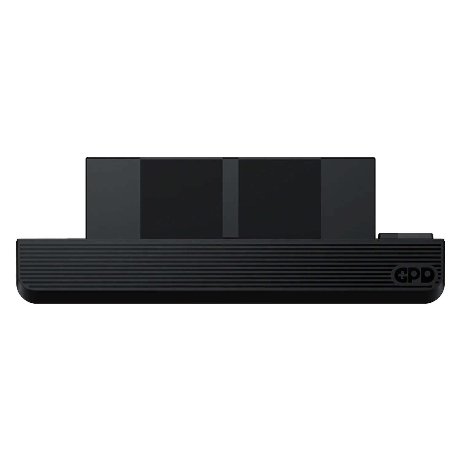 Front view of black GPD WIN Max 3 external fan module with ribbed grille, matte finish, and GPD logo