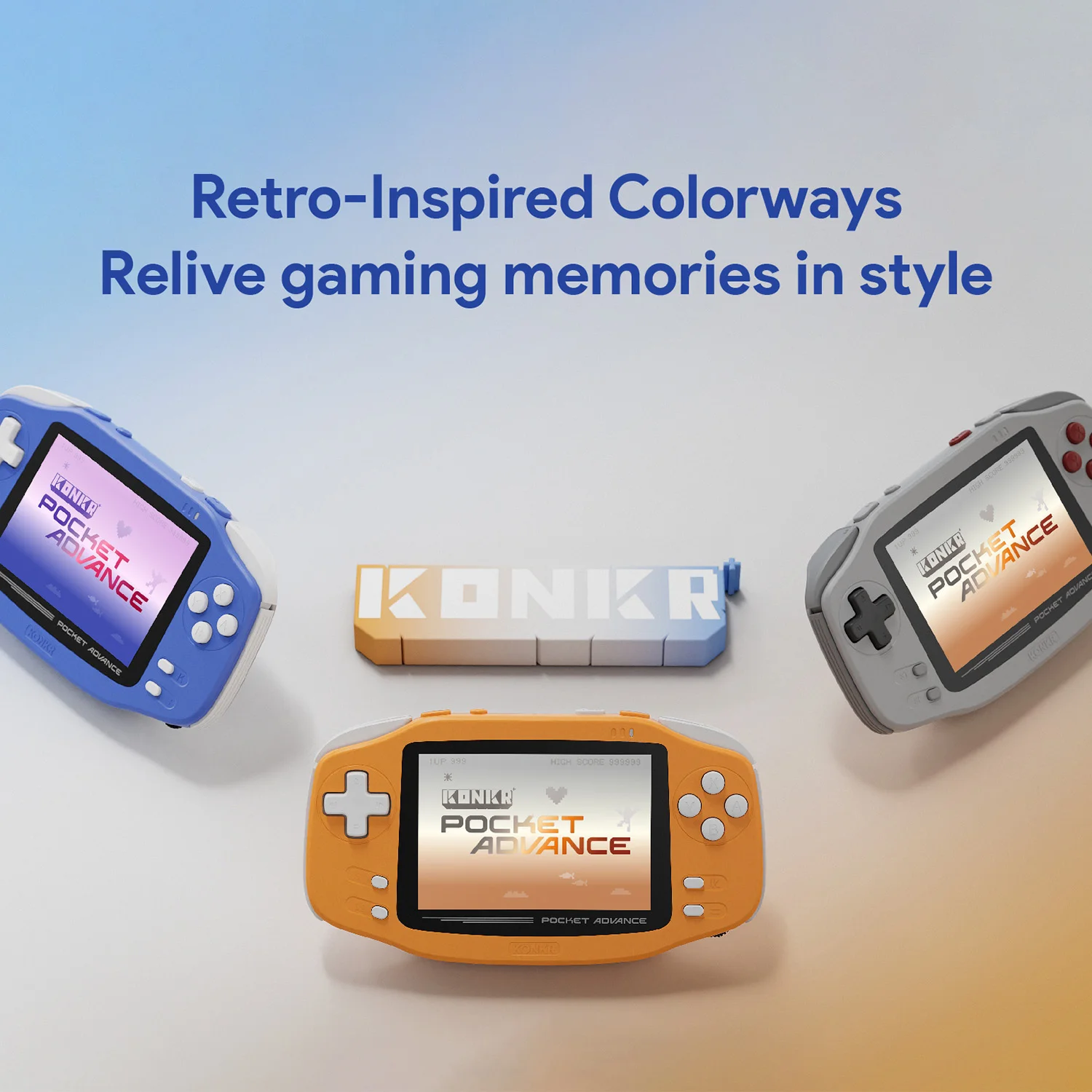 KONKR Pocket Advance Android Gaming Handheld, 3.5" 960×640 Display, Helio G90T, 4000mAh Battery, microSD Expansion 1 KONKR Pocket Advance retro gaming handhelds in glossy blue, orange and grey, angled on soft gradient backdrop