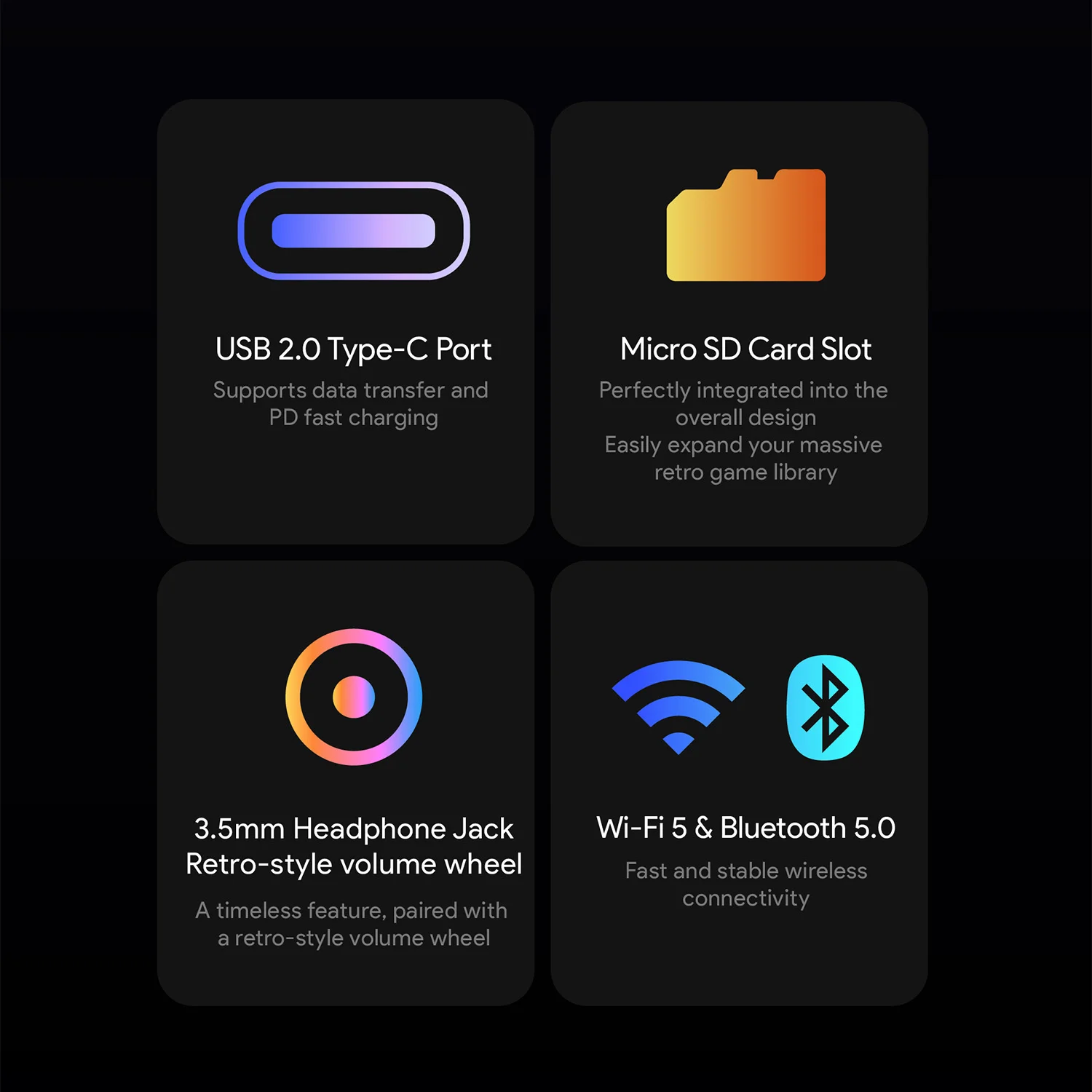 KONKR Pocket Advance dark matte feature cards with gradient USB-C, microSD, audio wheel and Wi-Fi/Bluetooth icons