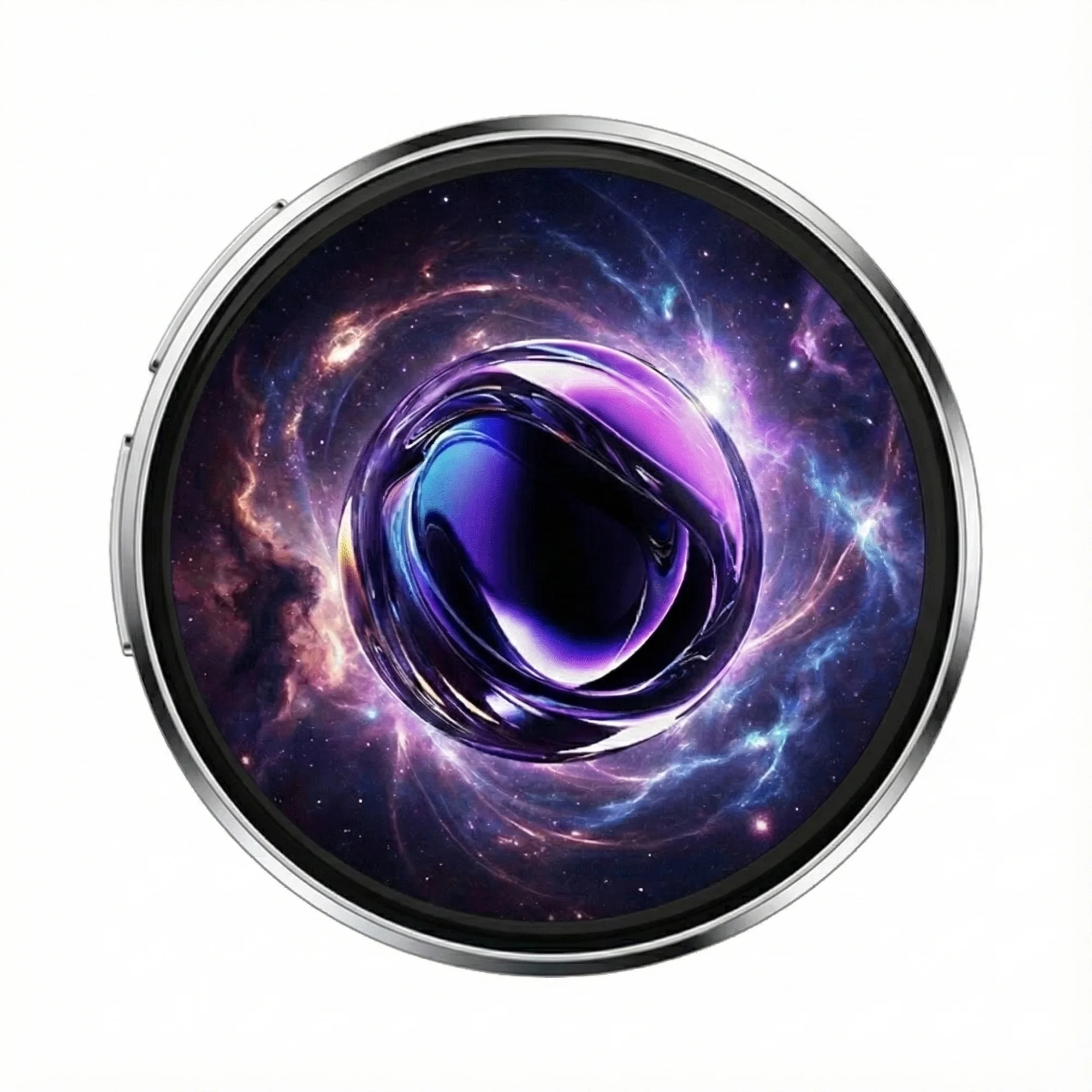 BeamBox NIKKO Dynamic Badge with silver circular rim, black bezel and glossy purple galaxy vortex display, front view