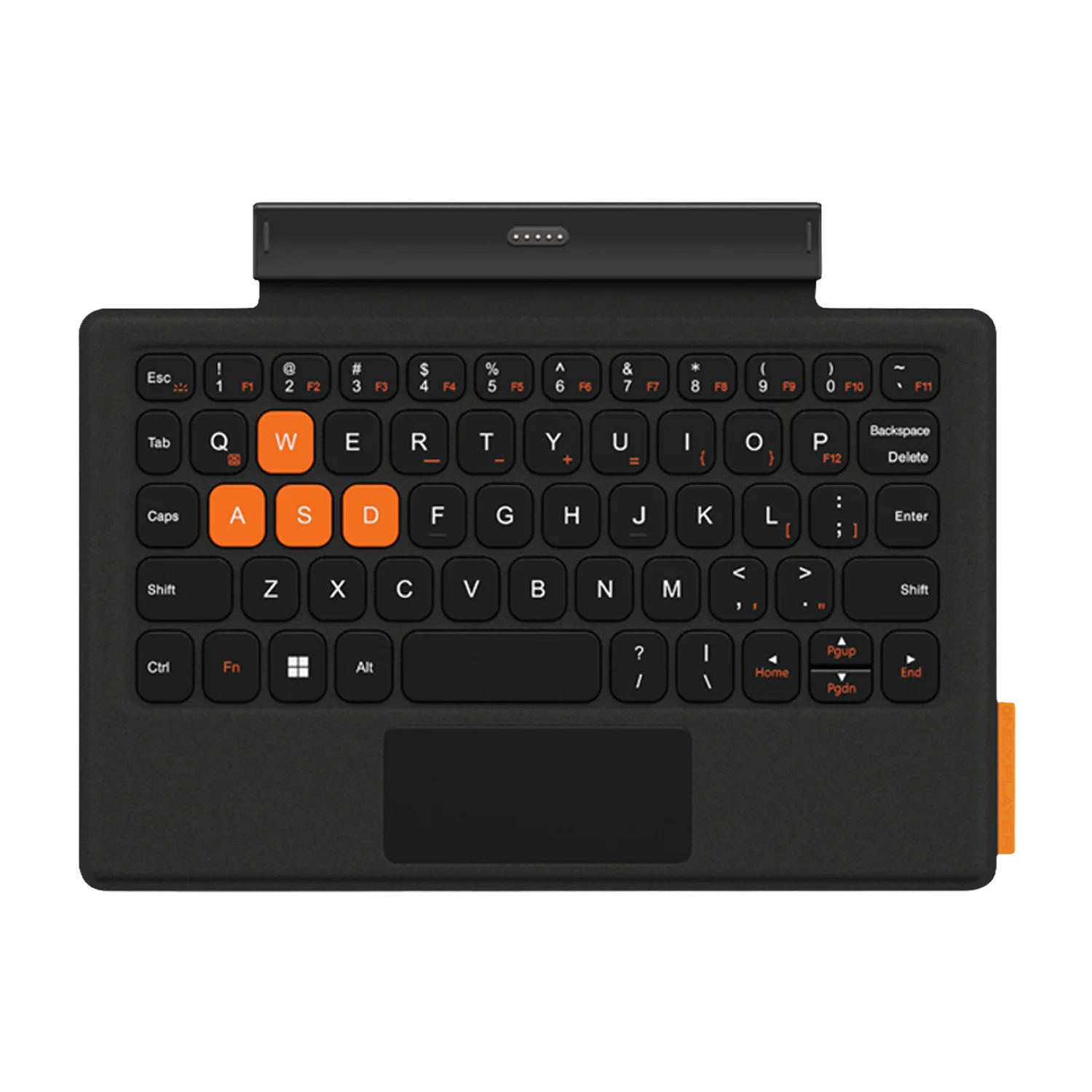 ONEXPLAYER 3 Keyboard 1 ONEXPLAYER 3 Keyboard front view in matte black with orange WASD keys, touchpad, and top pin connector