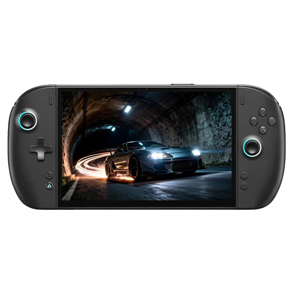 ONEXPLAYER 3 matte black handheld gaming PC front view, cyan-lit sticks, racing car in tunnel on screen