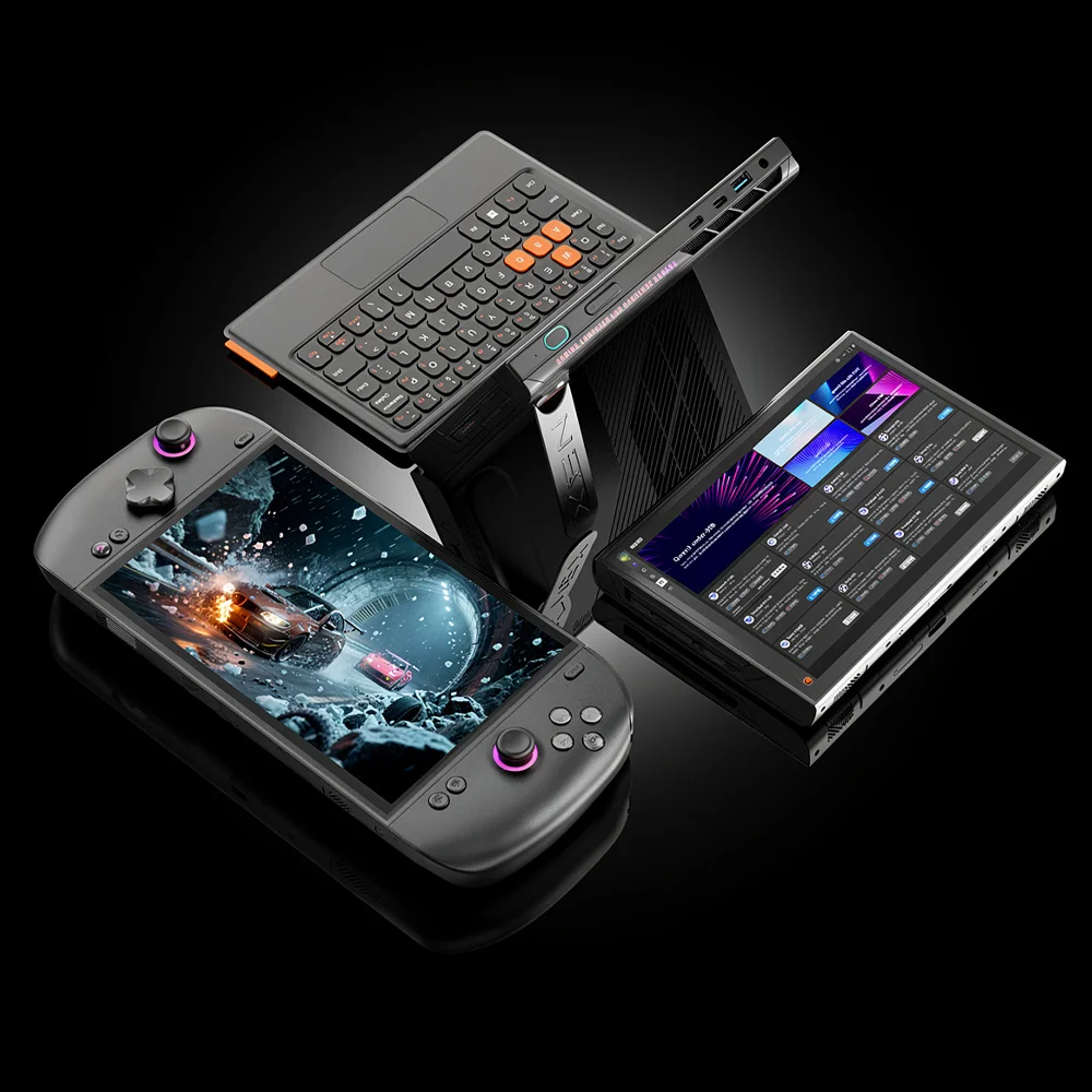 ONEXPLAYER 3 1 ONEXPLAYER 3 matte black handheld gaming PC, angled with detachable controllers, keyboard, and vivid screens