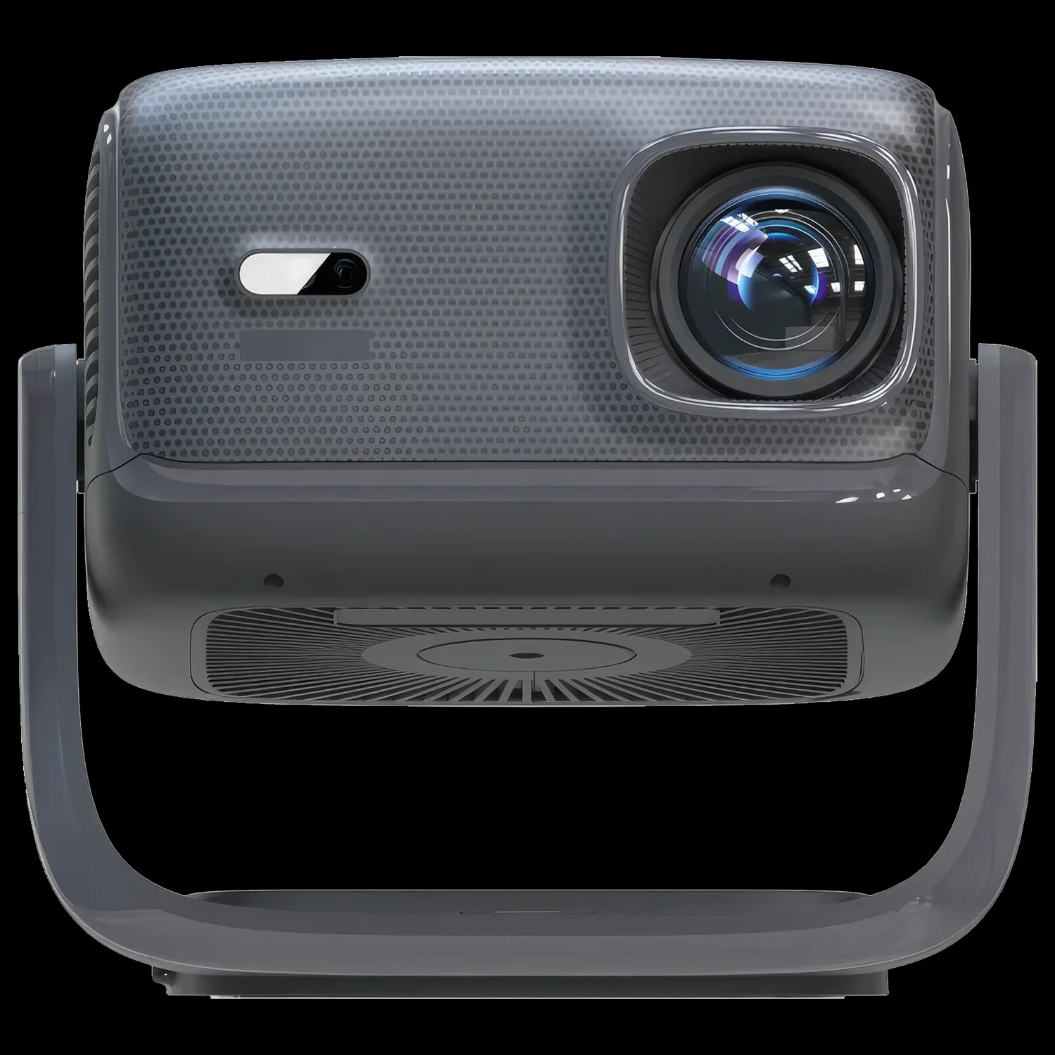 RockTek PJ500 Ultra smart 1080p projector, front view with glossy gray textured body and large right lens
