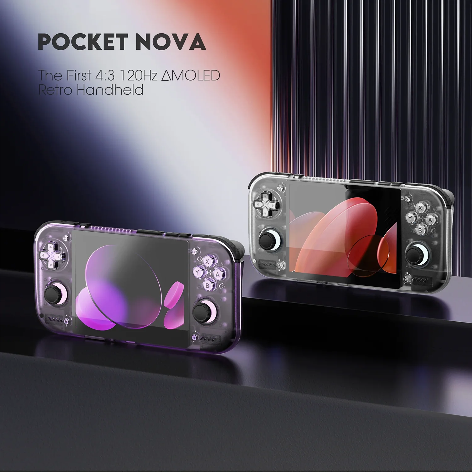 Two Retroid Pocket Nova AMOLED handhelds in translucent purple and grey, angled on dark plinths with glowing screens