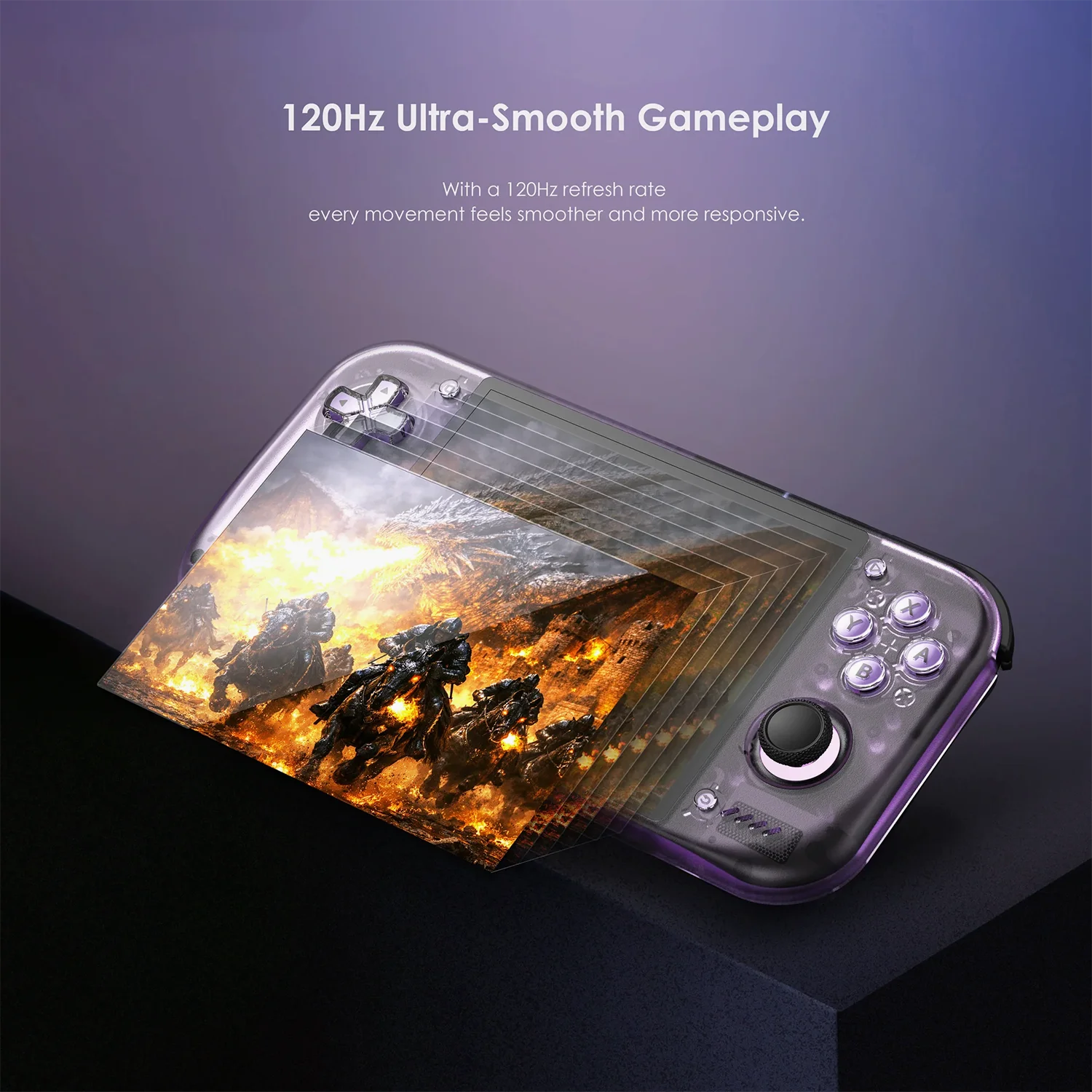 Retroid Pocket Nova 1 Retroid Pocket Nova Android handheld at angled view, translucent purple shell and layered 120Hz gameplay screen