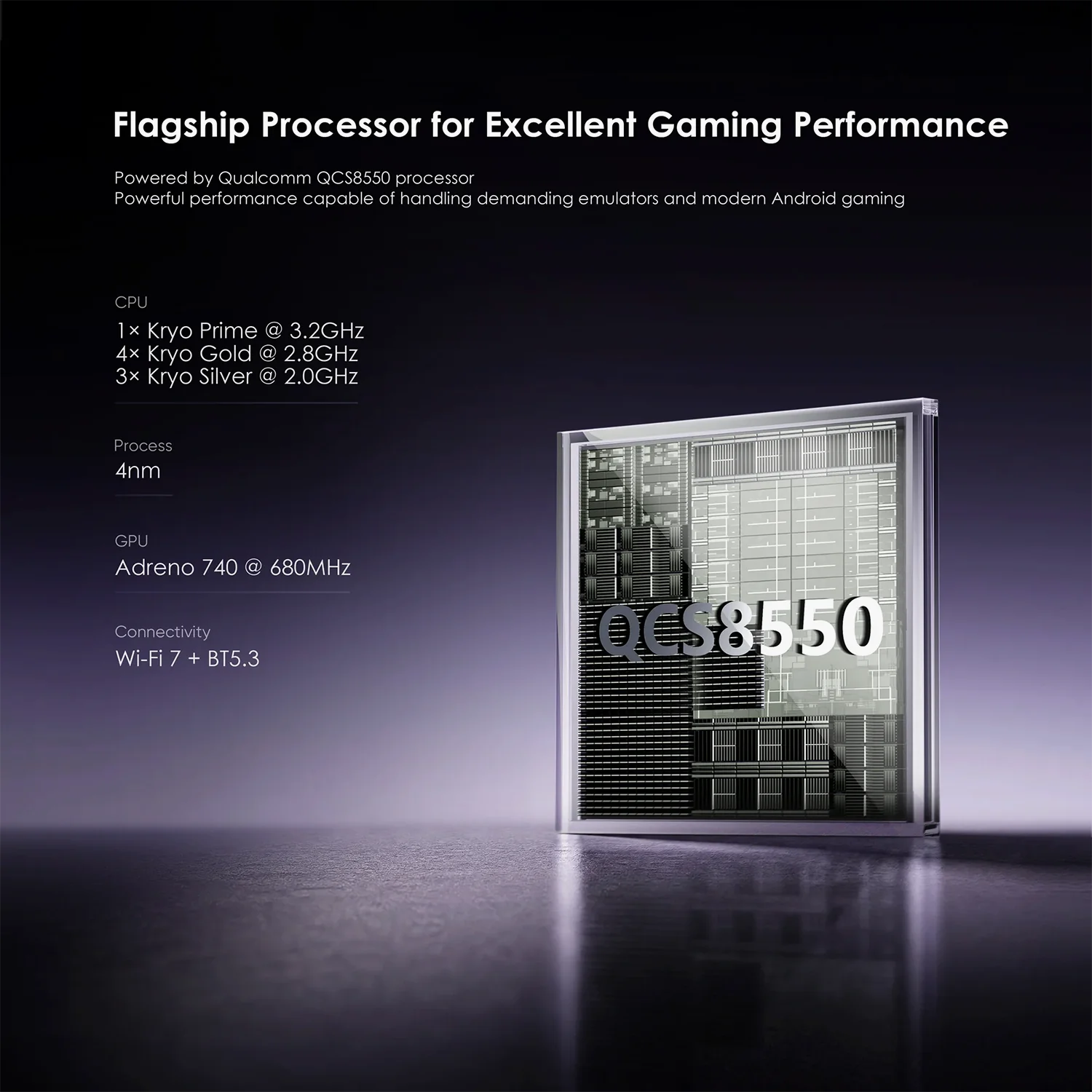 Retroid Pocket Nova QCS8550 processor graphic, glass chip render on dark purple with CPU, Adreno 740 specs
