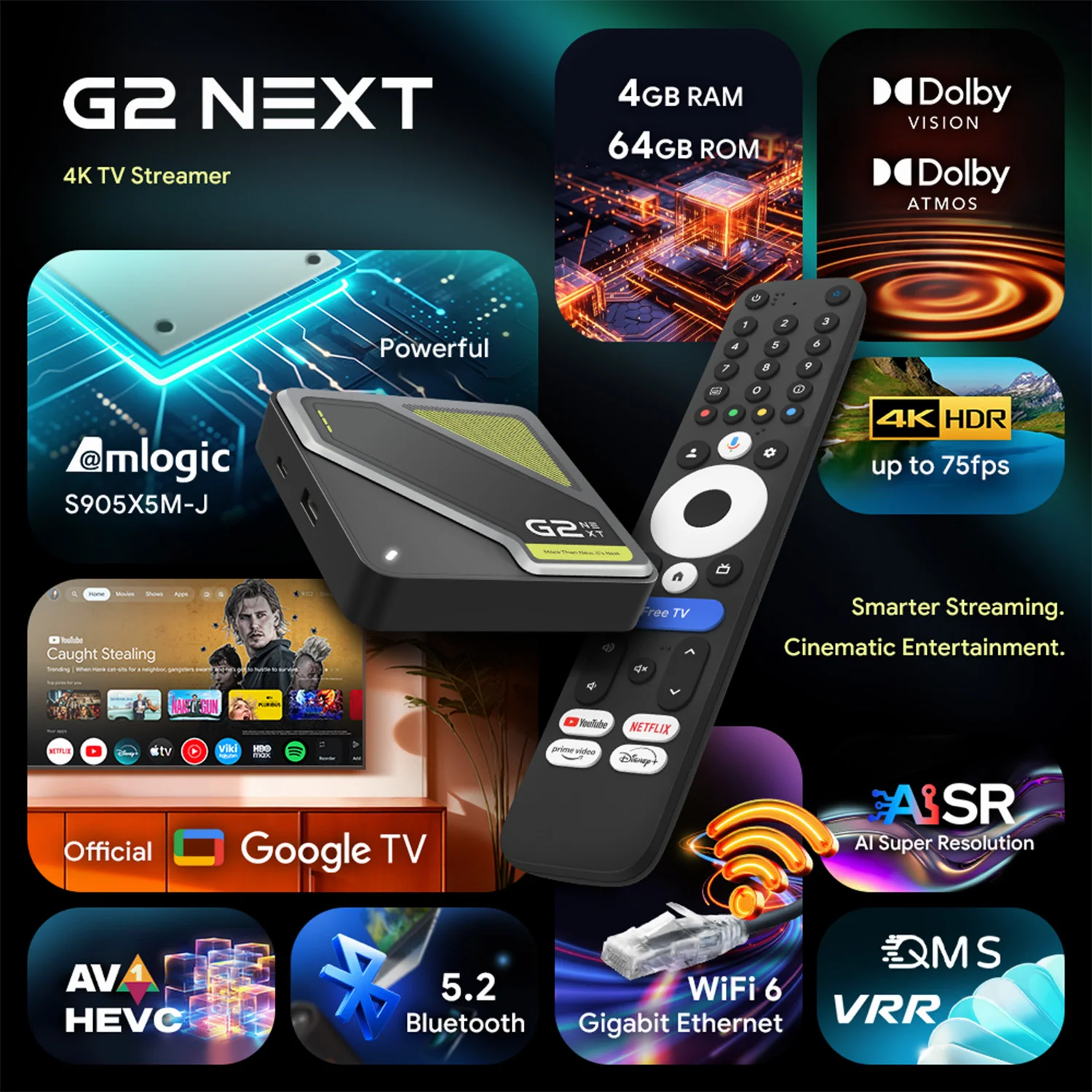 RockTek G2 Next 1 RockTek G2 Next 4K Google TV box with black textured body and number-button voice remote angled over feature badges